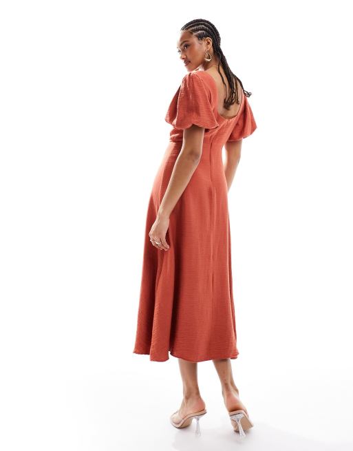Nobody's Child Zora puff sleeve midaxi dress in red | ASOS