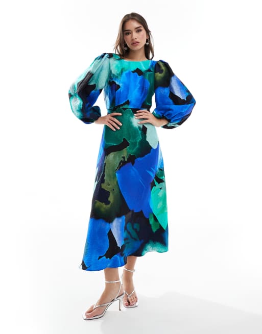 Nobody's Child – Zora – Wadenlanges Kleid mit Aquarell-Blumenmuster in Blau