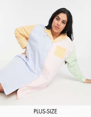 Ночная oversized-сорочка в стиле колор блок из ткани в полоску пастельных тонов Daisy Street Plus-Многоцветный