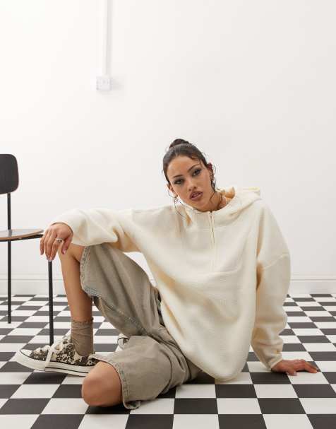 Noisy May 1/4 zip hooded fleece in cream - view 1