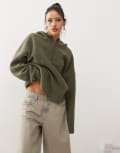 [Noisy May] Noisy May 1/4 zip hooded fleece in khaki-Green L Kalamata