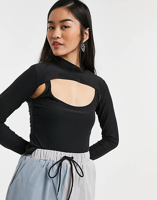 Noisy May 2 in 1 top with cut out detail in black