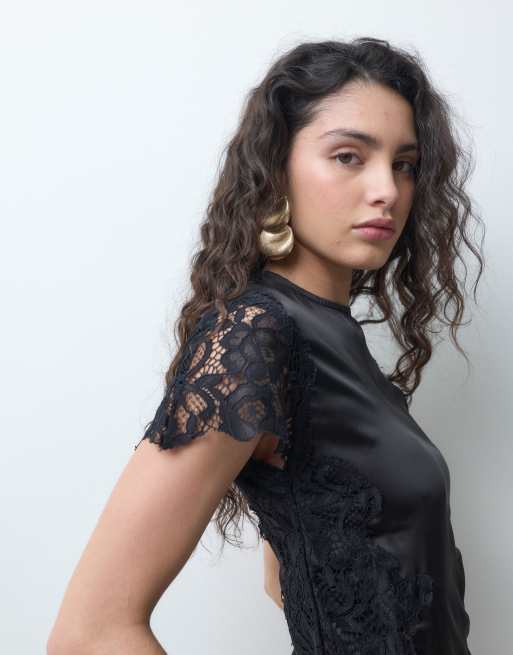 Noisy May abito midi in satin con dettagli in pizzo nero, 2 di 4
