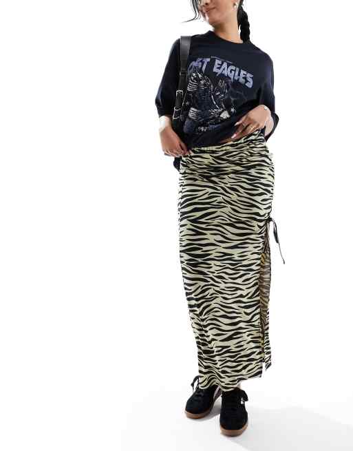 Noisy May adjustable ruched midi skirt in beige zebra print