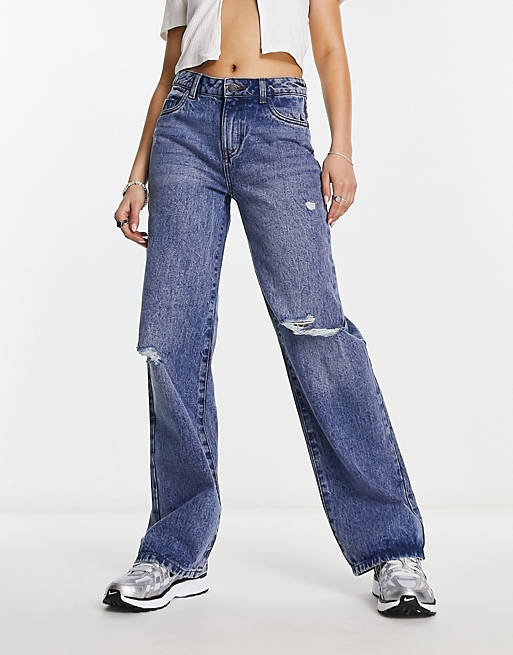 Noisy May Amanda wide leg distressed jeans in light blue | ASOS