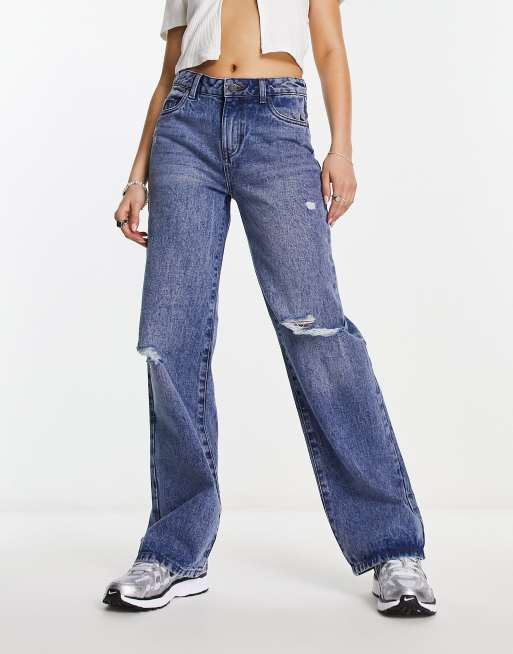 Object cotton wide leg dad jeans in mid blue wash - MBLUE