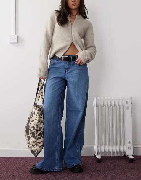 Noisy May Andy low rise wide leg jeans in mid blue wash