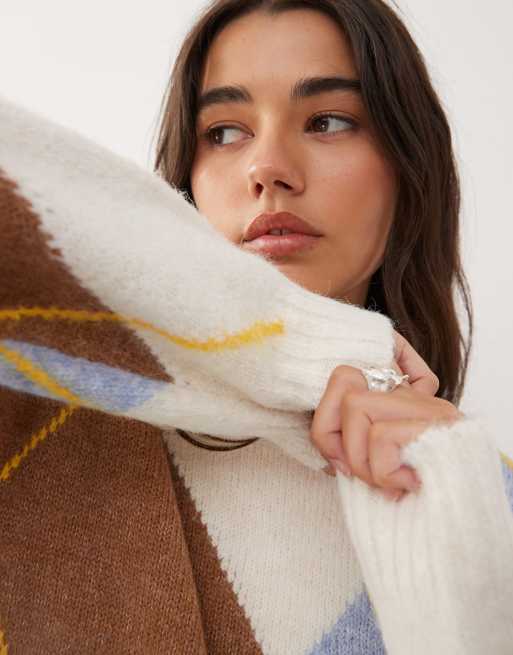 Noisy May argyle jumper in beige check, 4 of 4