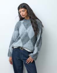Noisy May argyle oversized brushed crew neck knit jumper in grey