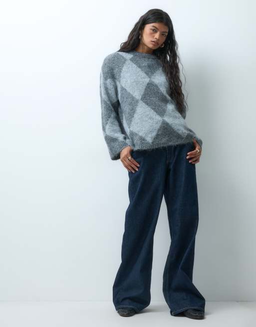 Noisy May argyle oversized brushed crew neck knit jumper in grey, 2 of 4