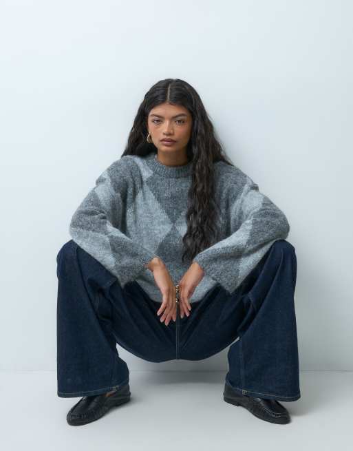 Noisy May argyle oversized brushed crew neck knit jumper in grey, 4 of 4