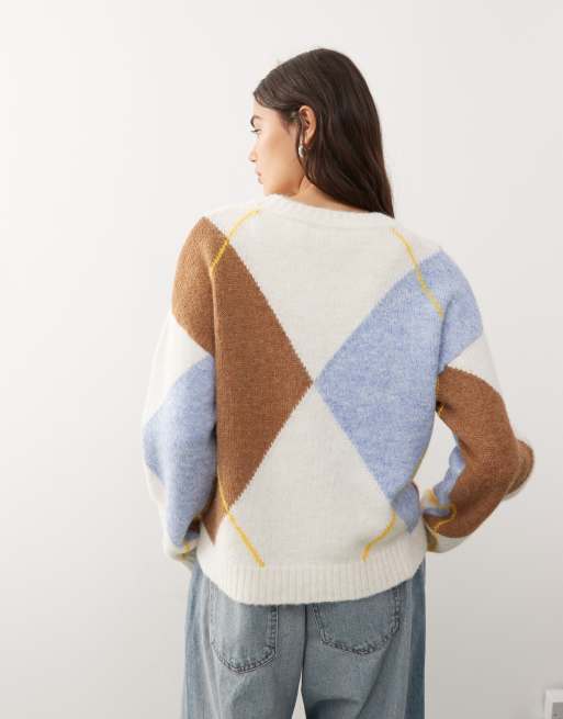 Noisy May argyle sweater in beige plaid, 2 of 4