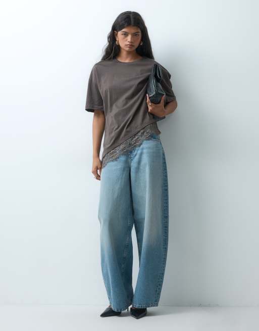 Noisy May asym lace hem t-shirt in chocolate, 4 of 4