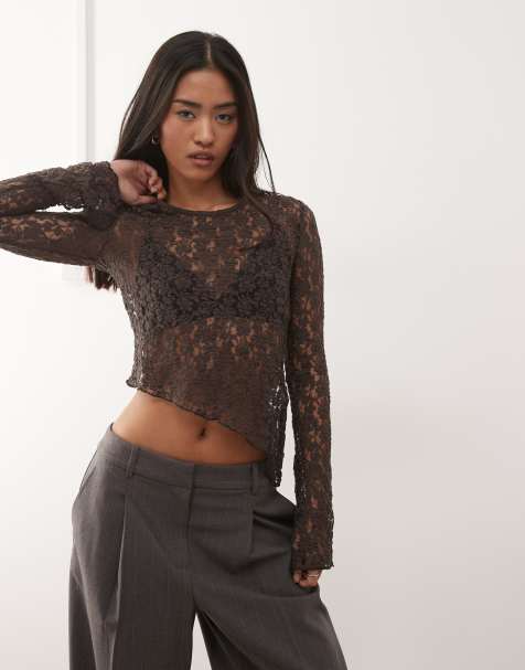 Noisy May asymmetric lace flare long sleeve top in brown - view 1