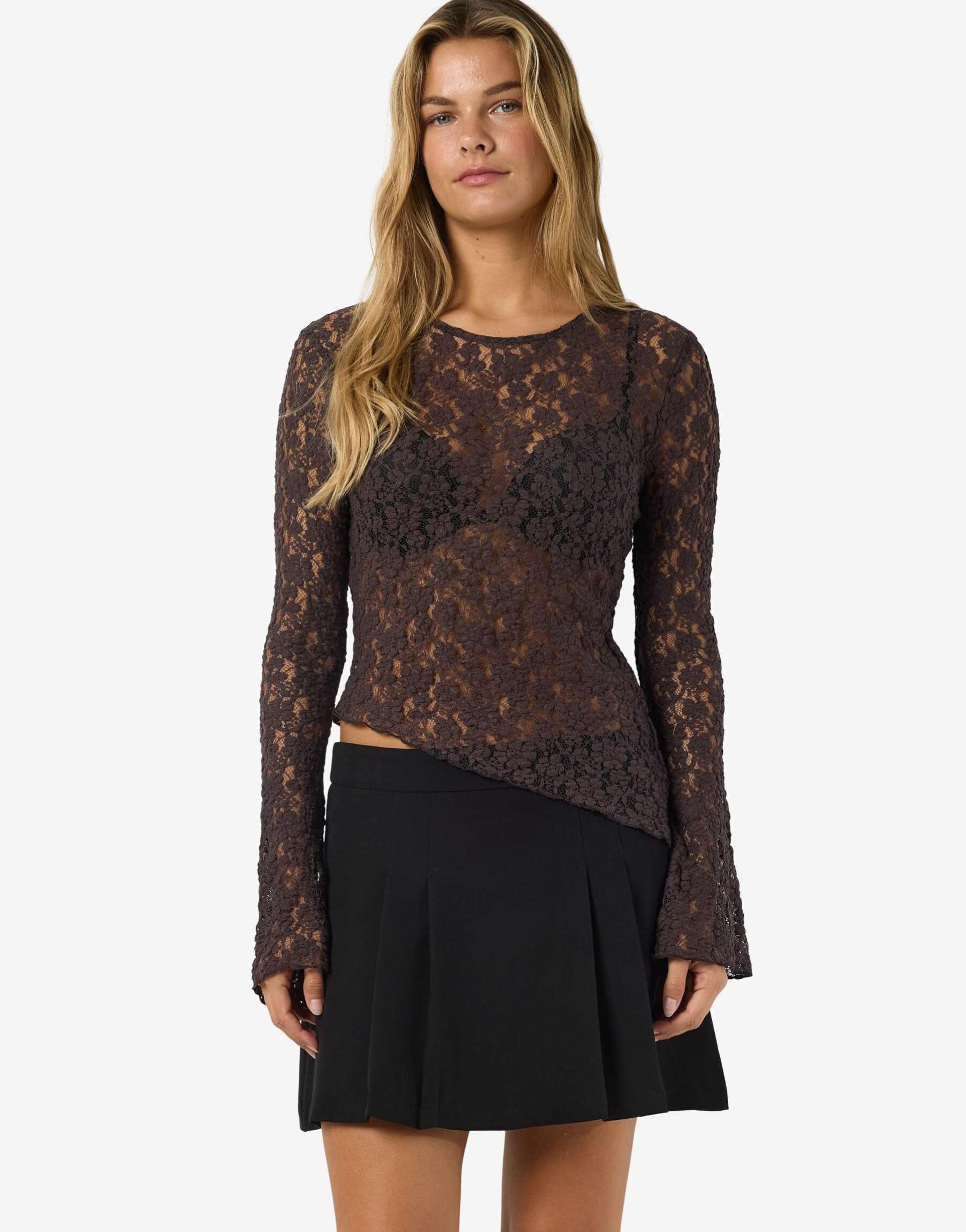 noisy may asymmetric lace long flare sleeves top in brown
