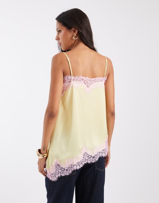 Noisy May asymmetric satin top with lace trim in pale yellow, 2 of 4