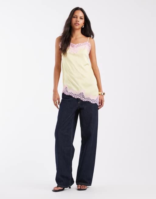 Noisy May asymmetric satin top with lace trim in pale yellow, 3 of 4