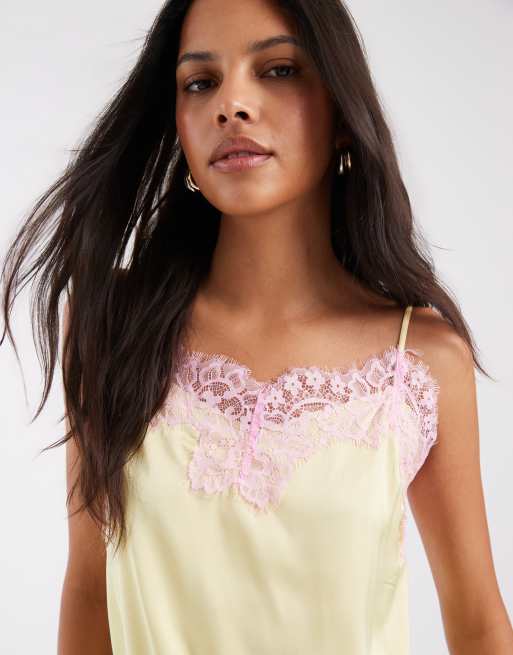Noisy May asymmetric satin top with lace trim in pale yellow, 4 of 4