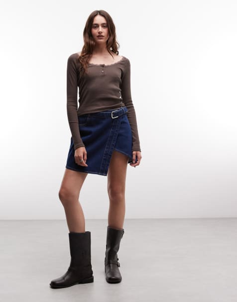 Noisy May asymmetric split denim mini skirt with belt in dark blue - view 1