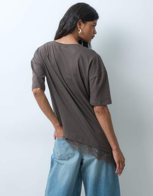 Noisy May asymmetrisk blondkantet T-shirt i chokolade, 3 af 4