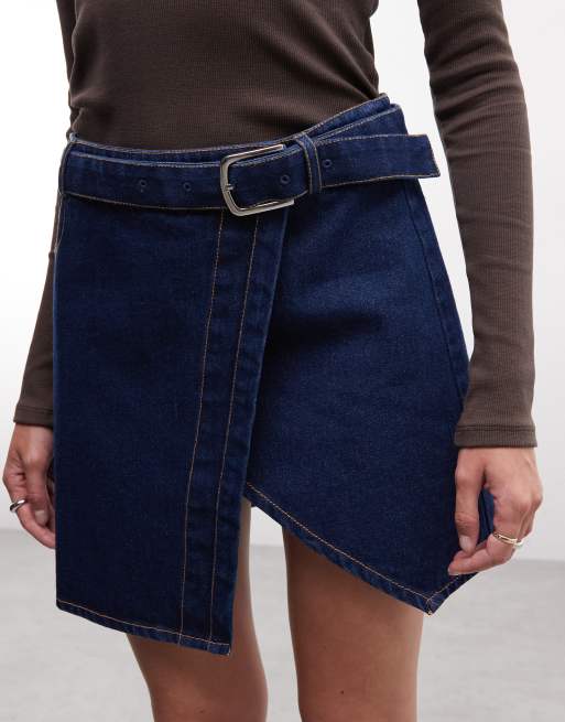 Noisy May asymmetrisk denimminikjol med slits och skärp i mörkblått, 4 av 5