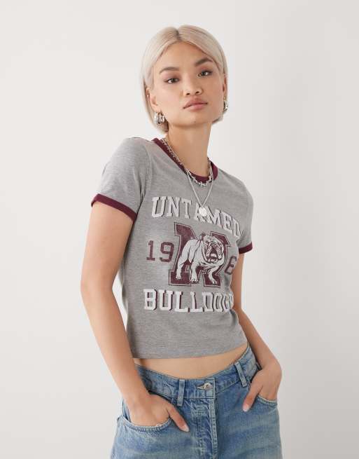 Noisy May - Baby tee met bulldog-print in collegestijl in lichtgrijs