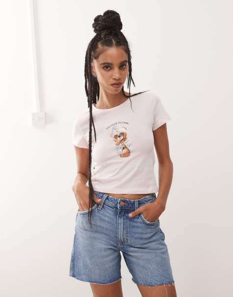 Noisy May baby tee with bear print in light pink - view 1