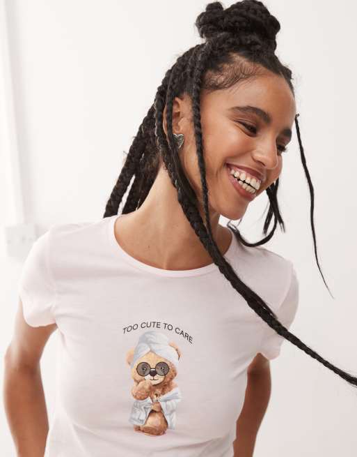 Noisy May baby tee with bear print in light pink