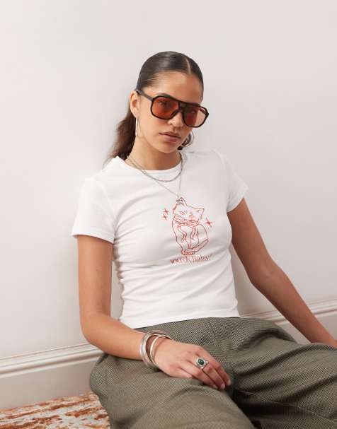 Noisy May baby tee with cat graphic in white - view 1