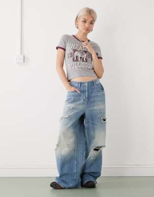 Noisy May Baby Tee With Collegiate Bulldog Print T-shirt In Gray