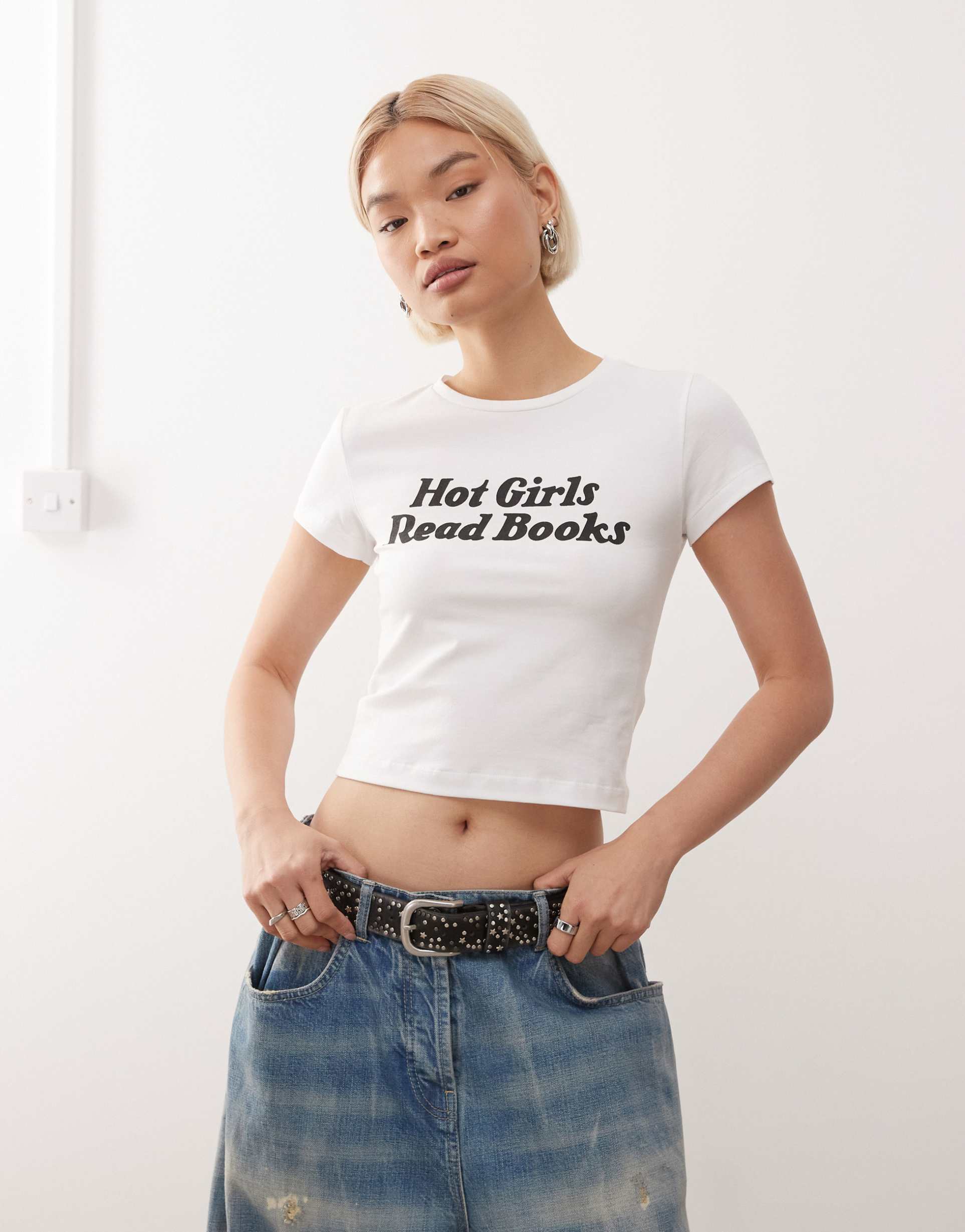noisy may baby tee with hot girls print in white