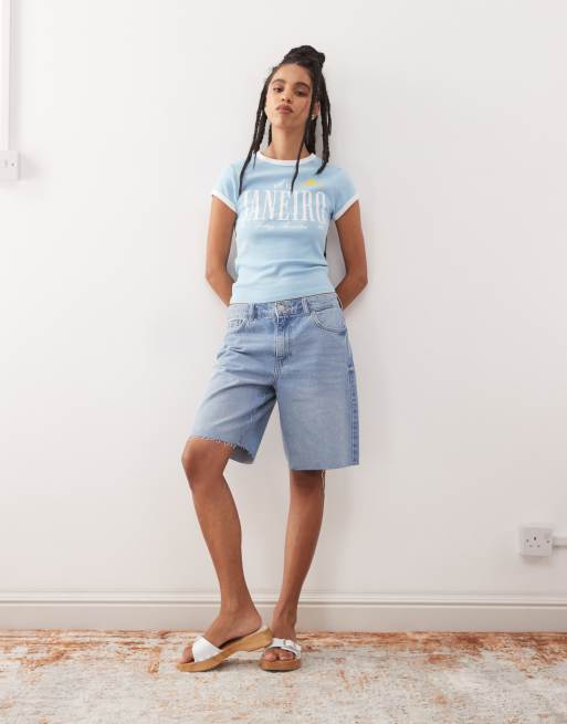 Noisy May - Baggy denim short met hoge taille in blauw met lichte wassing , 5 van 5