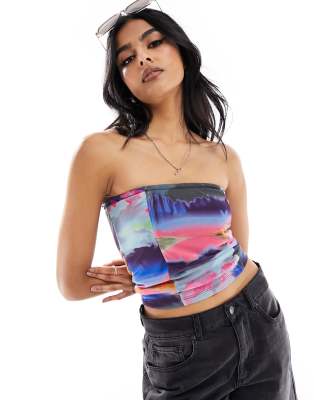 bandeau top in abstract print-Black