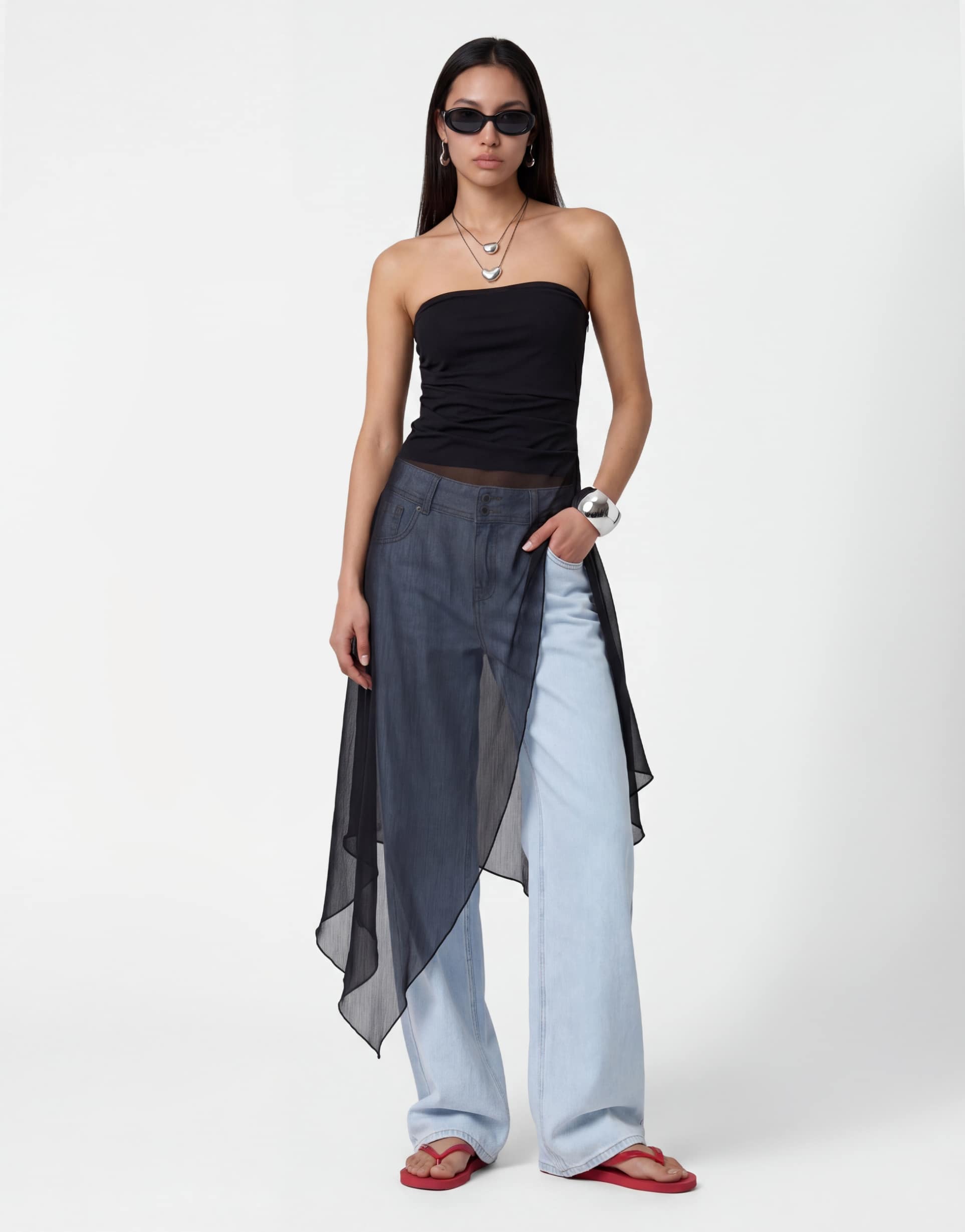noisy may bandeau top with asymmetric chiffon overlay in black