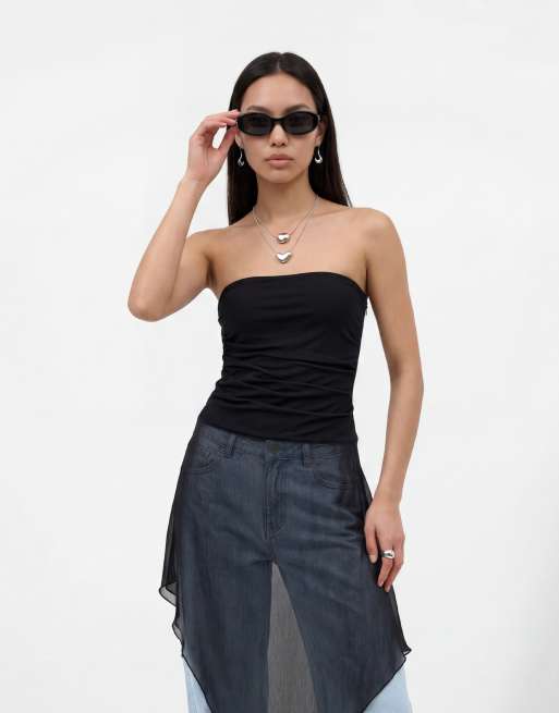 Noisy May bandeau top with asymmetric chiffon overlay in black, 2 of 4