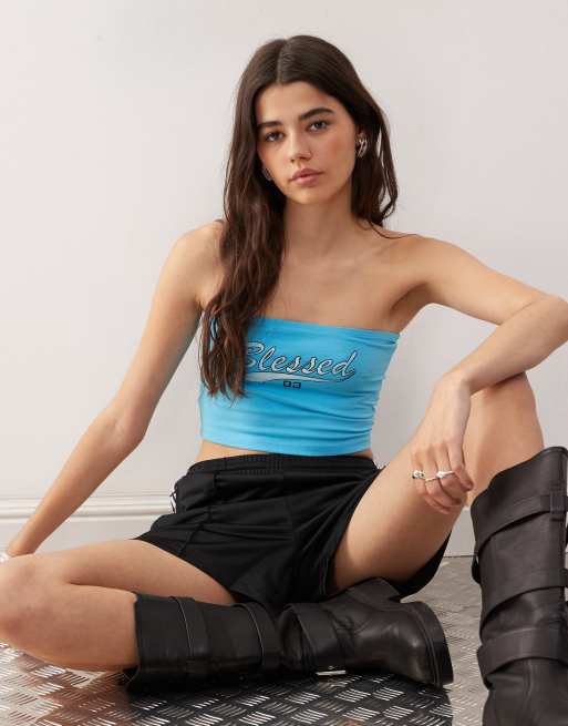 Noisy May - Bandeautop met 'Blessed' print in blauw