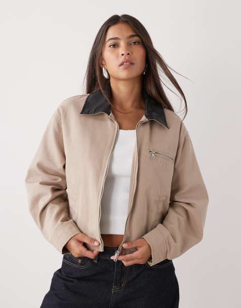 Noisy May barn jacket with contrast collar in beige - view 1
