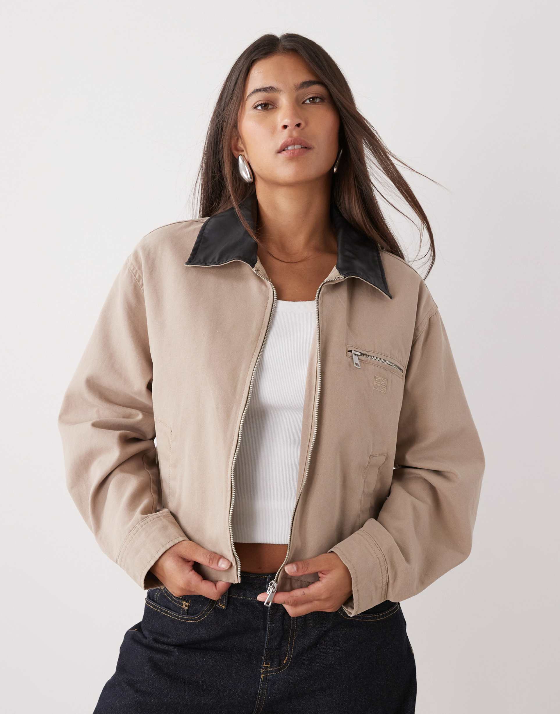 noisy may barn jacket with contrast collar in beige