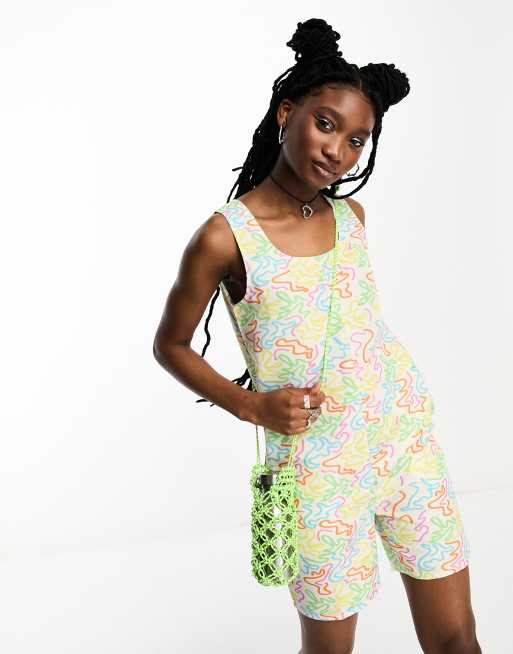 Noisy May beach romper in white squiggle print
