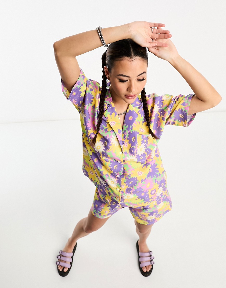 Noisy May beach shirt co-ord in purple 70s floral