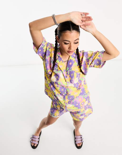 Noisy May beach shirt in purple 70s floral (part of a set)