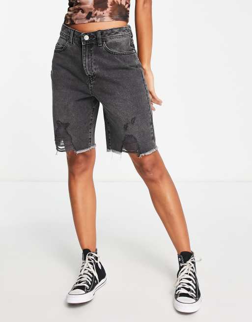 Noisy May – Bermuda-Shorts aus Denim in Schwarz mit hohem Bund und Used-Optik, 3 von 4