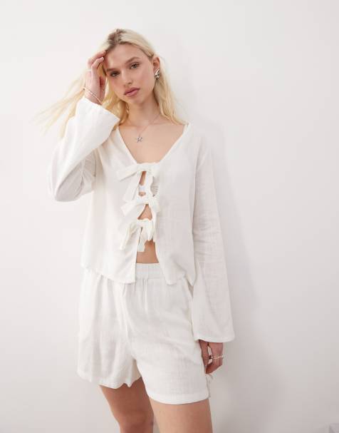Noisy May linen mix tie front top co-ord in white