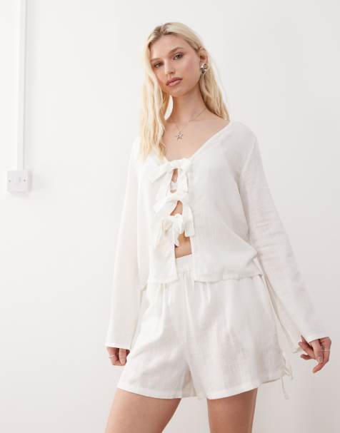 Noisy May linen mix side tie shorts co-ord in white