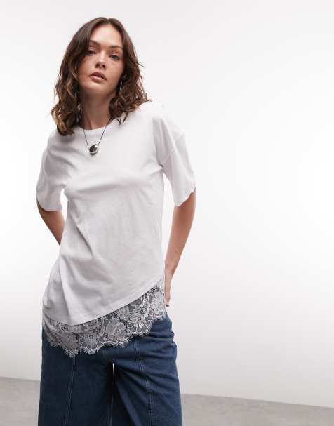 Noisy May – Biały asymetryczny T-shirt oversize z koronkowym wykończeniem - view 1