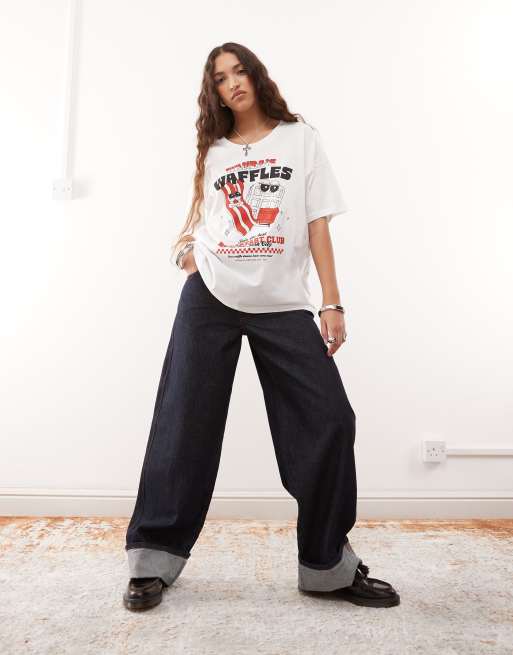 Noisy May – Biały T-shirt oversize z grafiką z wafelkami, 2 z 4