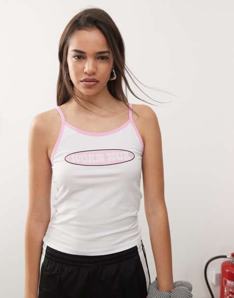 Noisy May contrast trim cami top with world tour print in white