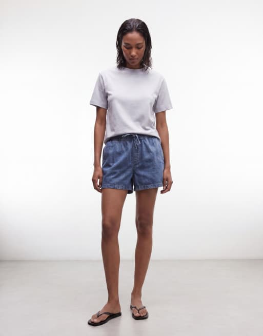 Noisy May – Blå, tvättade jeansshorts med knytning i midjan, 3 av 5