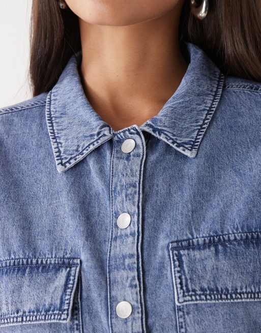 Noisy May – Blåtvättad jeansskjorta med korta ärmar och boxig passform, 4 av 4