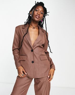 Noisy May oversized blazer co-ord in chocolate pinstripe - ASOS Price Checker
